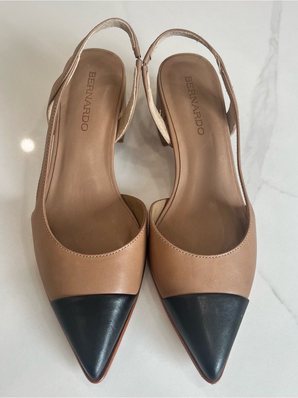 Bernardo Nude and Black Pointed Slingback Pumps 6.5